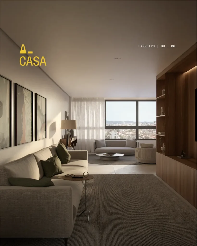 Sala de estar moderna e minimalista com sofá confortável, mesa de centro e vista panorâmica da cidade, localizada no Barreiro, Belo Horizonte.